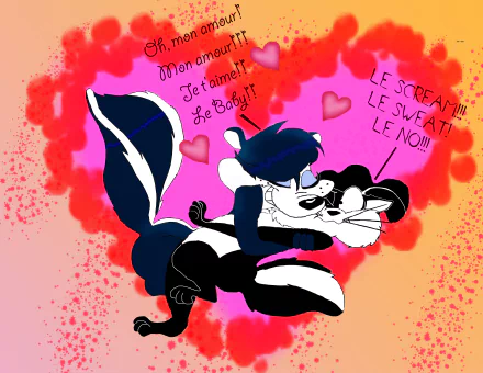 Pepé Le Pew clasping a blushing skunk amid pink hearts and French phrases — Looney Tunes TV show 5K Ultra HD PC desktop wallpaper/background.