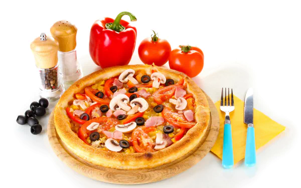 A vibrant 4K Ultra HD desktop wallpaper featuring a freshly baked pizza topped with mushrooms, olives, and vegetables, accompanied by peppers, tomatoes, and seasonings on a white background.