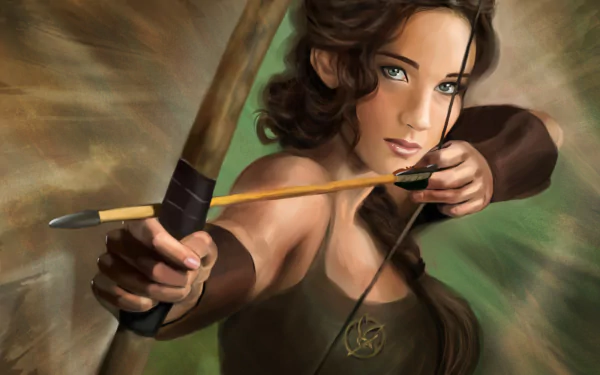 HD wallpaper featuring Jennifer Lawrence as Katniss Everdeen, showcasing her in a dynamic stance with a bow and arrow, capturing the essence of The Hunger Games.