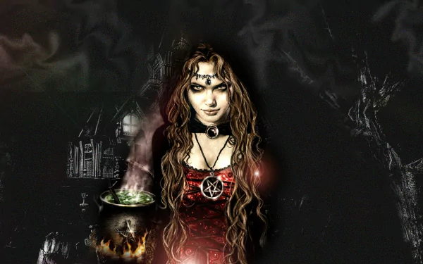 HD desktop wallpaper depicting a fantasy witch holding a glowing cauldron, set against a dark, eerie background with ghostly figures and a haunted house.
