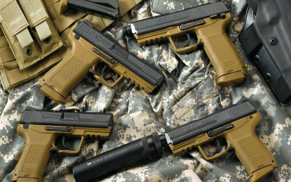 HD desktop wallpaper featuring multiple Heckler & Koch pistols arranged on military camouflage fabric.