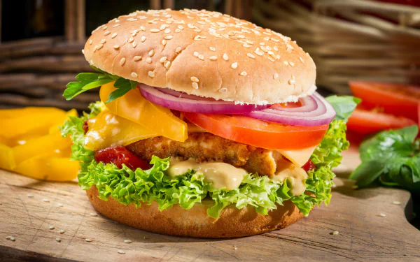 A delicious burger, stacked with fresh lettuce, tomato, onion, cheddar, and a tasty sauce, sits on a wooden surface, enhancing this HD desktop wallpaper.