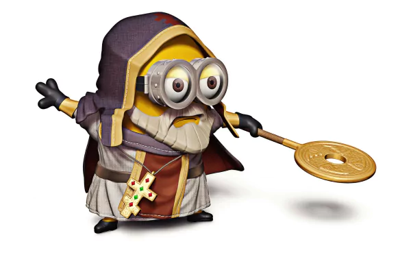 HD desktop wallpaper featuring a Minion dressed as a medieval knight from the movie Despicable Me, holding a golden shield.