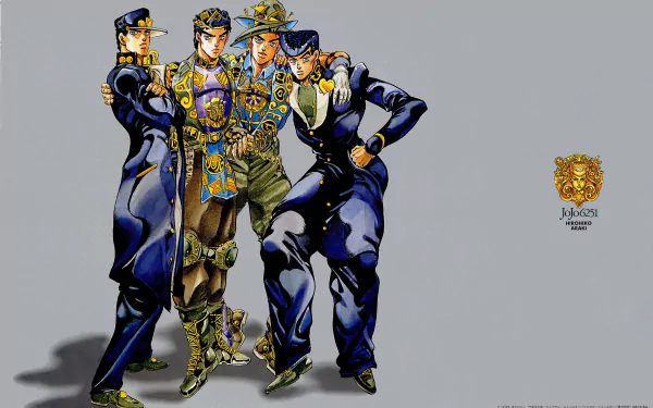 High-definition wallpaper featuring Josuke Higashikata and Jotaro Kujo from the anime Jojo's Bizarre Adventure, showcasing their iconic poses and stylish outfits.