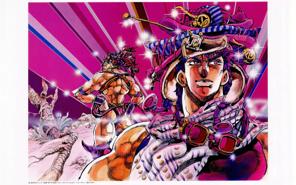 A vibrant HD desktop wallpaper featuring characters from Jojo's Bizarre Adventure, showcasing dynamic poses against a colorful abstract background.