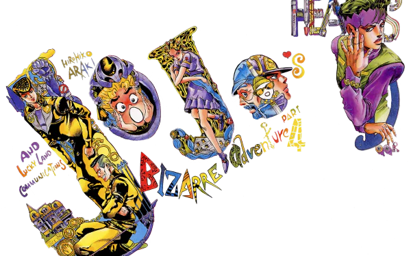 Colorful HD wallpaper featuring characters and elements from the anime Jojo's Bizarre Adventure, showcasing iconic poses and expressions in dynamic arrangements.