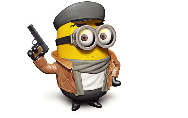 HD desktop wallpaper featuring a Minion from Despicable Me, dressed in a leather jacket and holding a gun.