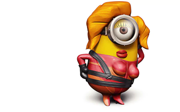 HD desktop wallpaper featuring a Minion dressed as a superhero from the movie Despicable Me, posing confidently on a white background.