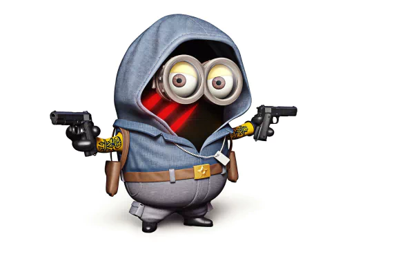 HD desktop wallpaper from Despicable Me featuring a Minion in a blue hoodie holding guns, against a white background.