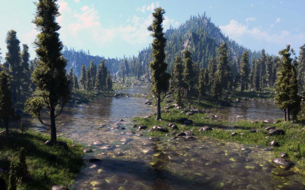 HD PC desktop wallpaper showcasing a serene natural landscape with tall trees, a flowing stream, and distant forested mountains under a bright blue sky.