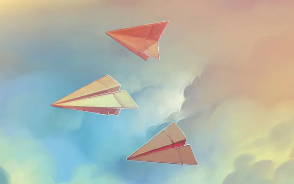 HD wallpaper of three illustrated paper planes soaring through a pastel sky.