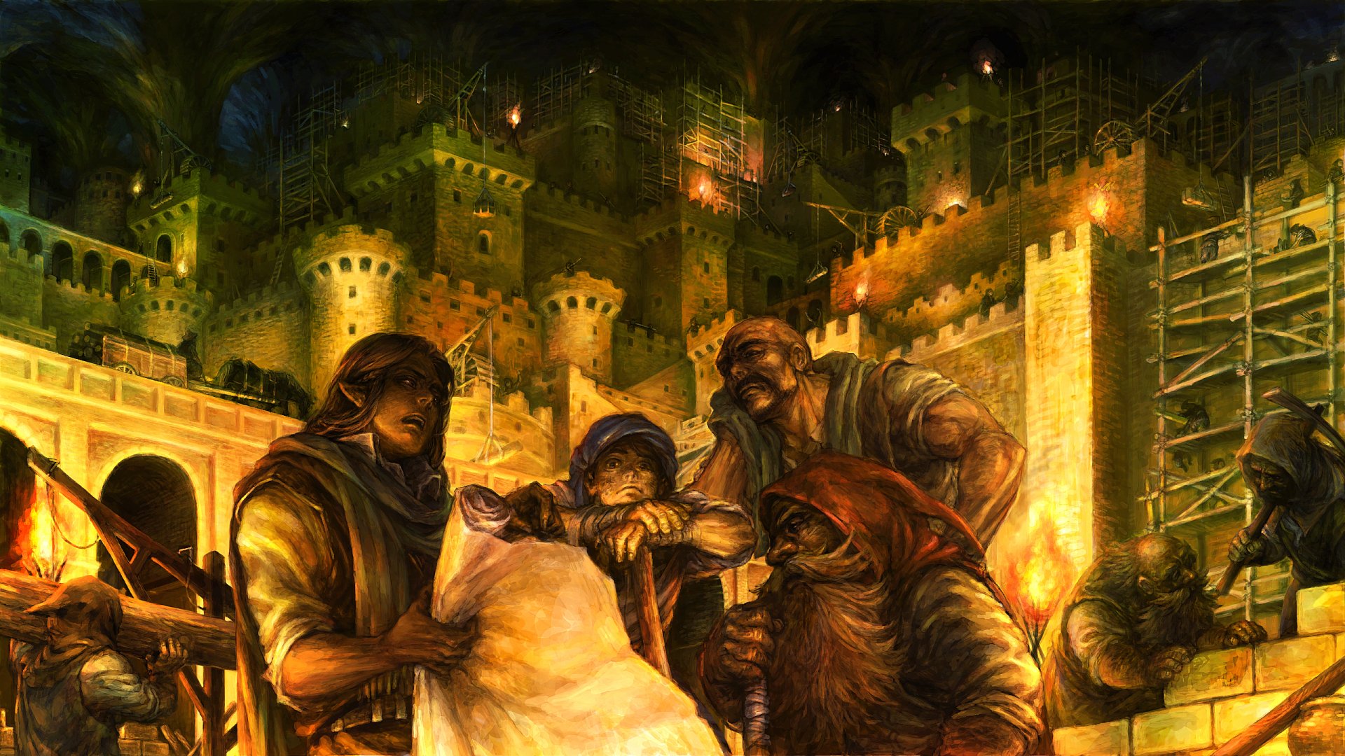 Dragons Crown video game art: hooded adventurers poring over a map before a torchlit castle at night — 2K Quad HD PC desktop wallpaper/background.