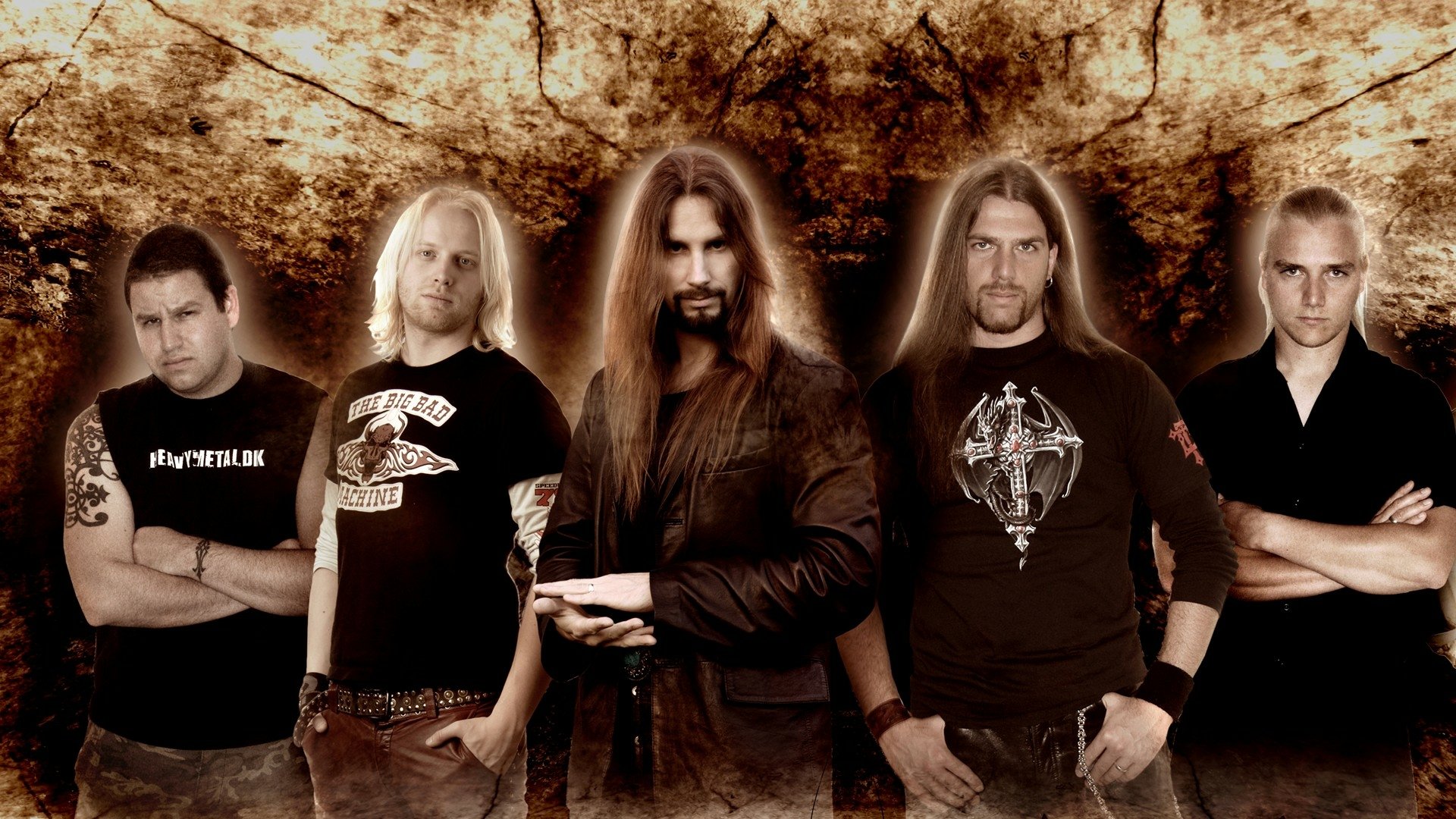 HD PC desktop wallpaper of five long-haired metal musicians posing against a cracked sepia backdrop — music, Pyramaze.