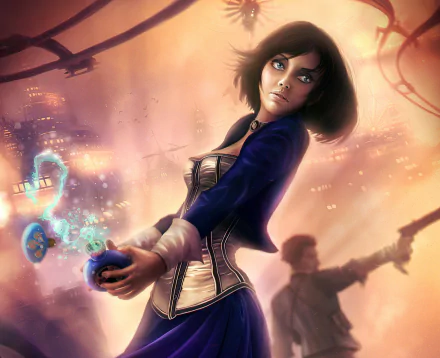 HD PC desktop wallpaper featuring a character from the video game Bioshock Infinite, set against a glowing cityscape with dynamic lighting and action elements.
