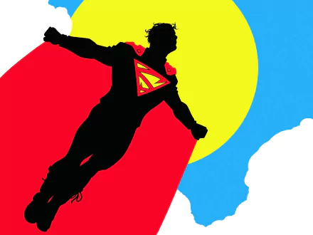 HD PC desktop wallpaper featuring a silhouetted figure of Superman's son flying against a bright red, yellow, and blue comic-style background.