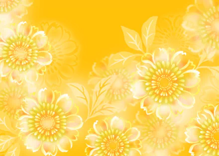 Artistic HD PC desktop wallpaper: soft yellow-orange field with translucent, layered daisy-like flowers and delicate leafy swirls.