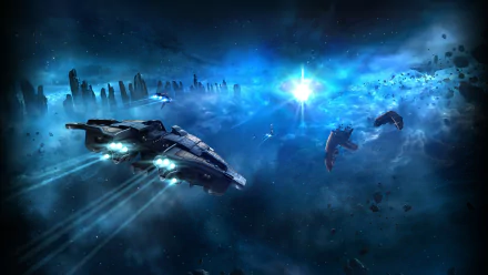 HD PC desktop wallpaper featuring a dramatic space battle scene from the video game EVE Online, with starships and asteroids against a glowing cosmic backdrop.