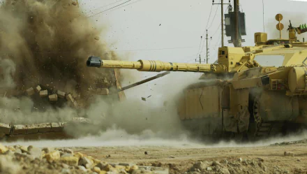 HD PC desktop wallpaper/background showing a Challenger 2 tank amid a military explosion, dust and debris on a desert road.