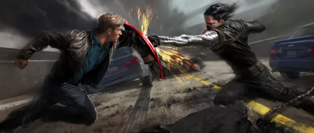 A dramatic scene from Captain America: The Winter Soldier, featuring Captain America clashing with the Winter Soldier, showcased in stunning HD as an impactful desktop wallpaper.