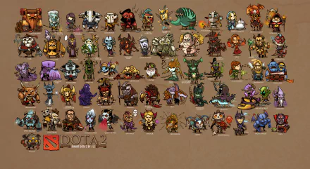 HD desktop wallpaper featuring Tiny from the video game DotA 2, along with various chibi characters from the game on a brown background.