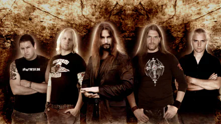 HD PC desktop wallpaper of five long-haired metal musicians posing against a cracked sepia backdrop — music, Pyramaze.