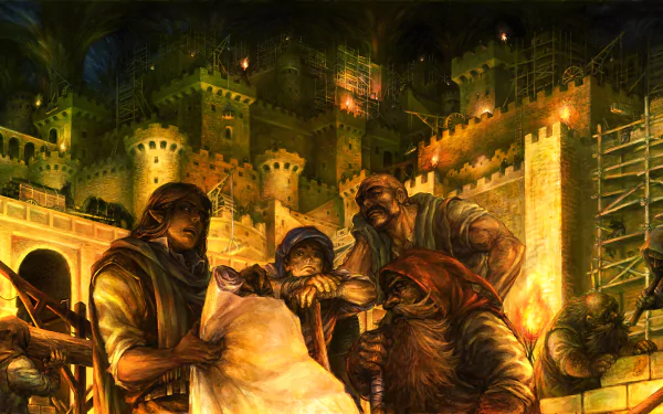 Dragons Crown video game art: hooded adventurers poring over a map before a torchlit castle at night — 2K Quad HD PC desktop wallpaper/background.
