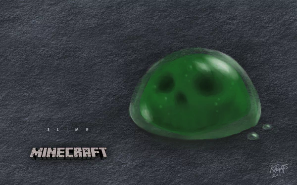 HD desktop wallpaper of Minecraft featuring a green slime against a textured dark background, tagged with Steve (Minecraft), Mojang, video game, Minecraft.