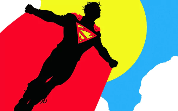 HD PC desktop wallpaper featuring a silhouetted figure of Superman's son flying against a bright red, yellow, and blue comic-style background.