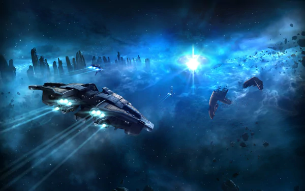HD PC desktop wallpaper featuring a dramatic space battle scene from the video game EVE Online, with starships and asteroids against a glowing cosmic backdrop.