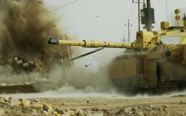 HD PC desktop wallpaper/background showing a Challenger 2 tank amid a military explosion, dust and debris on a desert road.