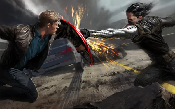 A dramatic scene from Captain America: The Winter Soldier, featuring Captain America clashing with the Winter Soldier, showcased in stunning HD as an impactful desktop wallpaper.