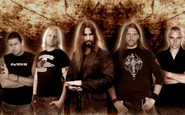 HD PC desktop wallpaper of five long-haired metal musicians posing against a cracked sepia backdrop — music, Pyramaze.