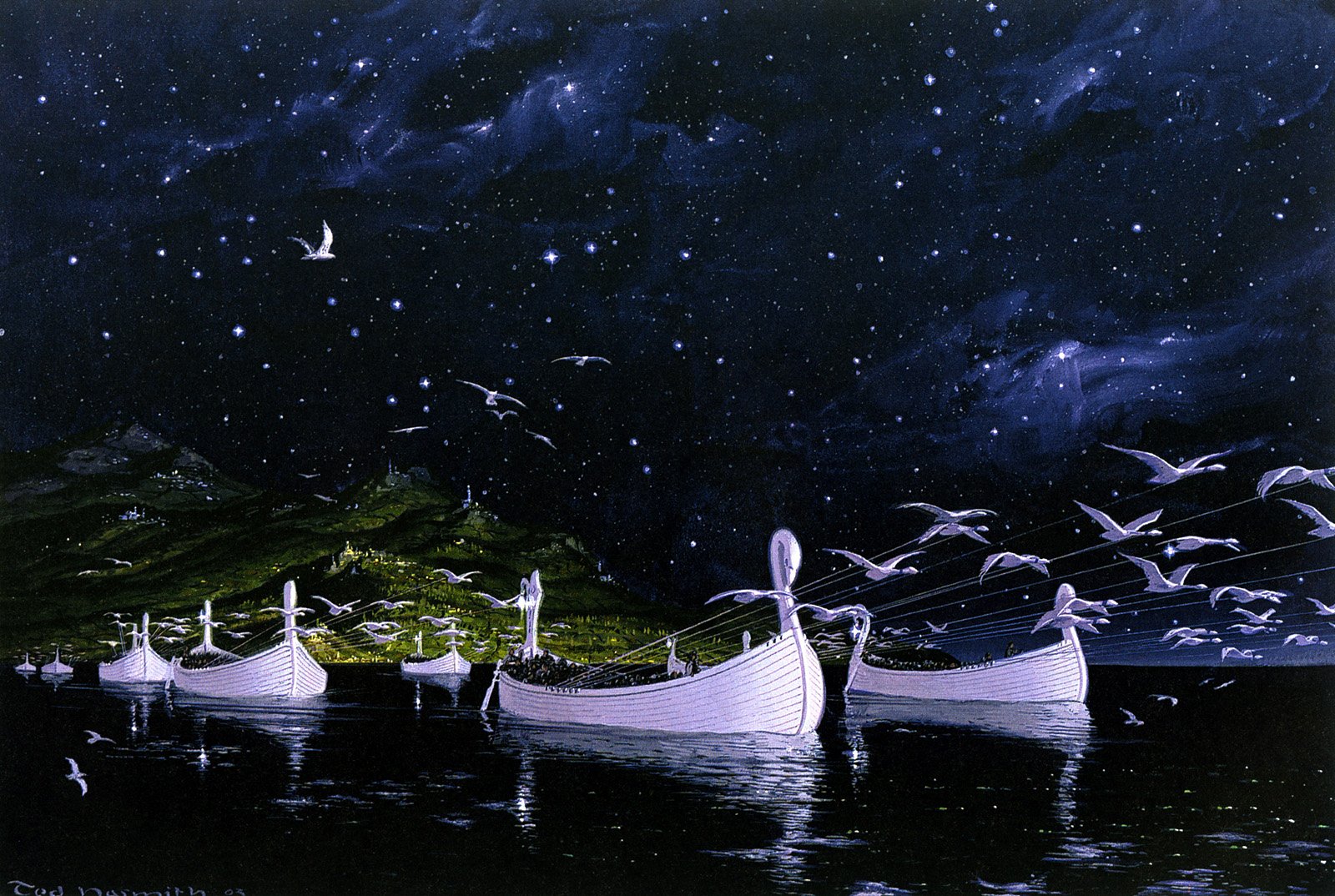 HD fantasy desktop wallpaper depicting ethereal boats sailing under a starry night sky, inspired by the mythic world of The Silmarillion.