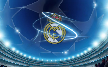 HD desktop wallpaper featuring the Real Madrid C.F. logo with a glowing effect, set against a backdrop of a lit stadium and a starry night sky, tagged under Sports.