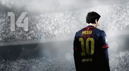 A dynamic HD PC desktop wallpaper featuring a silhouette of a soccer player in a Barcelona jersey, with the text FIFA 14 prominently displayed. The background showcases an energetic crowd.