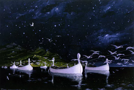 HD fantasy desktop wallpaper depicting ethereal boats sailing under a starry night sky, inspired by the mythic world of The Silmarillion.