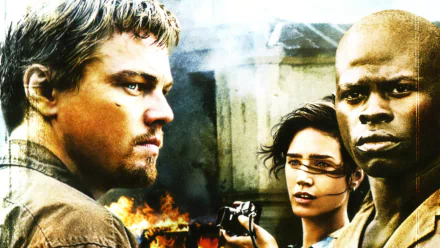 A dramatic scene from Blood Diamond featuring Leonardo DiCaprio, Jennifer Connelly, and Djimon Hounsou against a backdrop of conflict and tension, highlighting themes of greed and survival.