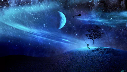 Artistic HD PC desktop wallpaper depicting a surreal night landscape with a glowing hill, lone tree, person swinging, and a large moon surrounded by stars and cosmic clouds.