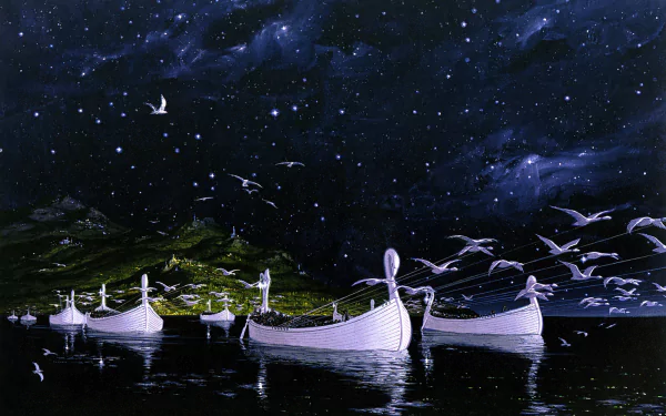 HD fantasy desktop wallpaper depicting ethereal boats sailing under a starry night sky, inspired by the mythic world of The Silmarillion.