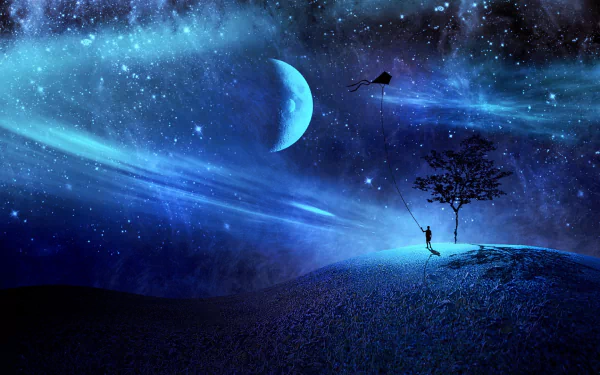 Artistic HD PC desktop wallpaper depicting a surreal night landscape with a glowing hill, lone tree, person swinging, and a large moon surrounded by stars and cosmic clouds.