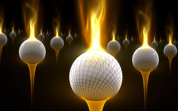 HD PC desktop wallpaper featuring multiple golf balls engulfed in flames, highlighting dynamic energy in the sport of golf.