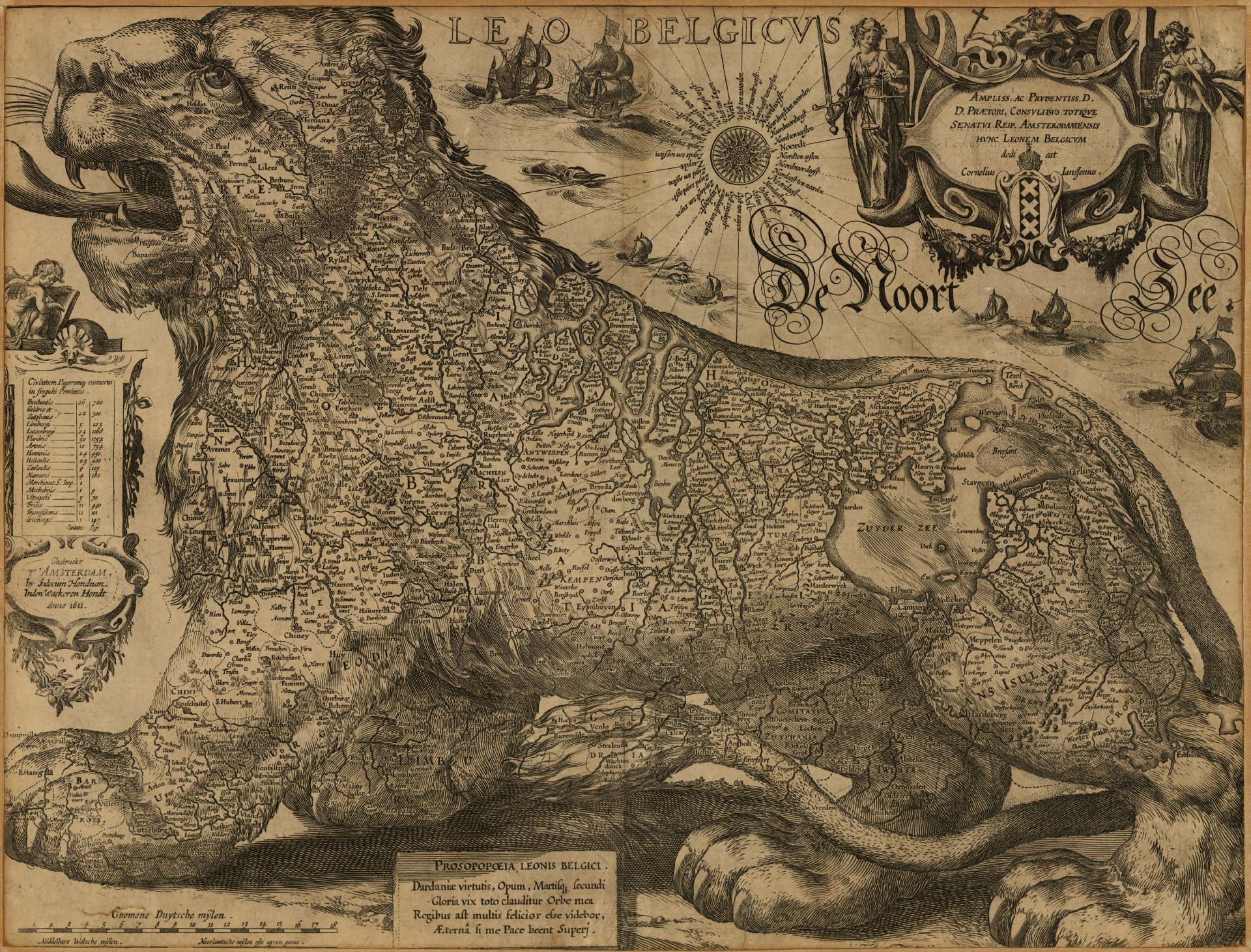 Misc map: antique lion-shaped map of the Low Countries with ornate cartouches and sun compass; 5K Ultra HD PC desktop wallpaper/background.