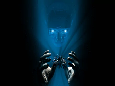 HD dark-themed desktop wallpaper featuring a mysterious ghostly figure with glowing eyes, holding a delicate flower, illuminated by an ethereal blue light.