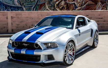 A striking Ford Mustang Shelby with a sleek silver and blue design, featured as an HD desktop wallpaper and background, showcasing its sporty elegance and powerful presence.
