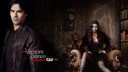 A striking HD wallpaper from The Vampire Diaries, featuring a vampire duo set against a dark, atmospheric background, enhancing the show's haunting allure.
