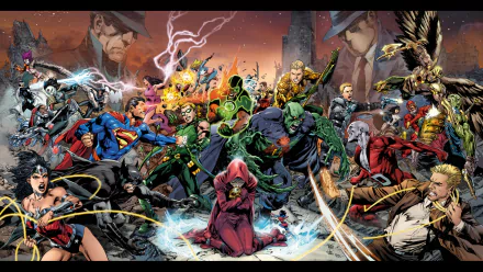HD PC desktop wallpaper of DC's Trinity War comic: Superman, Wonder Woman, Aquaman, Green Arrow and a host of heroes and villains locked in an epic battle.