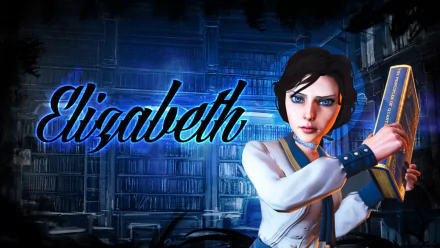 HD PC desktop wallpaper of Elizabeth (BioShock Infinite) — video game character framed by a blue riptide galaxy and starfield, holding a book beneath a neon Elizabeth logo.
