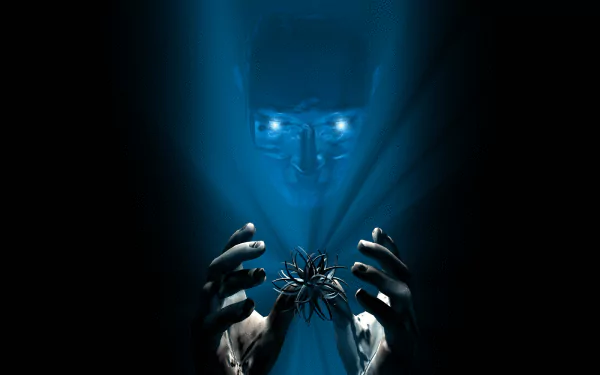 HD dark-themed desktop wallpaper featuring a mysterious ghostly figure with glowing eyes, holding a delicate flower, illuminated by an ethereal blue light.