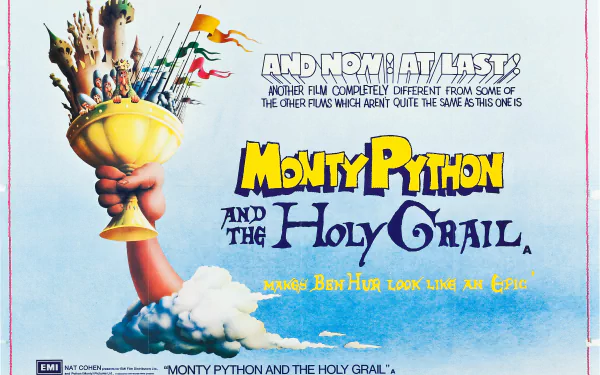 HD PC desktop wallpaper featuring Monty Python and the Holy Grail movie poster with the iconic golden grail cup and whimsical typography.