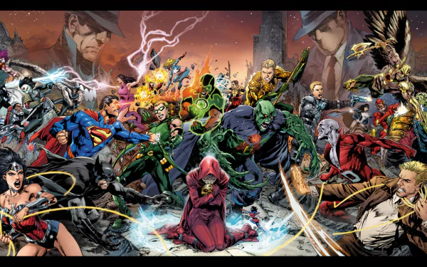 HD PC desktop wallpaper of DC's Trinity War comic: Superman, Wonder Woman, Aquaman, Green Arrow and a host of heroes and villains locked in an epic battle.